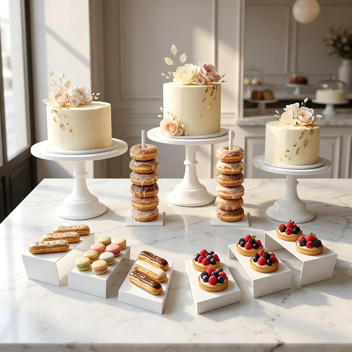 Display Risers Set - 11-Piece Round White Metal Cake Stand